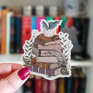 Book stack and dragon sticker | bookish gifts, book lover, fantasy books, book trope, laptop decal, bookish stickers, reader, bookworm