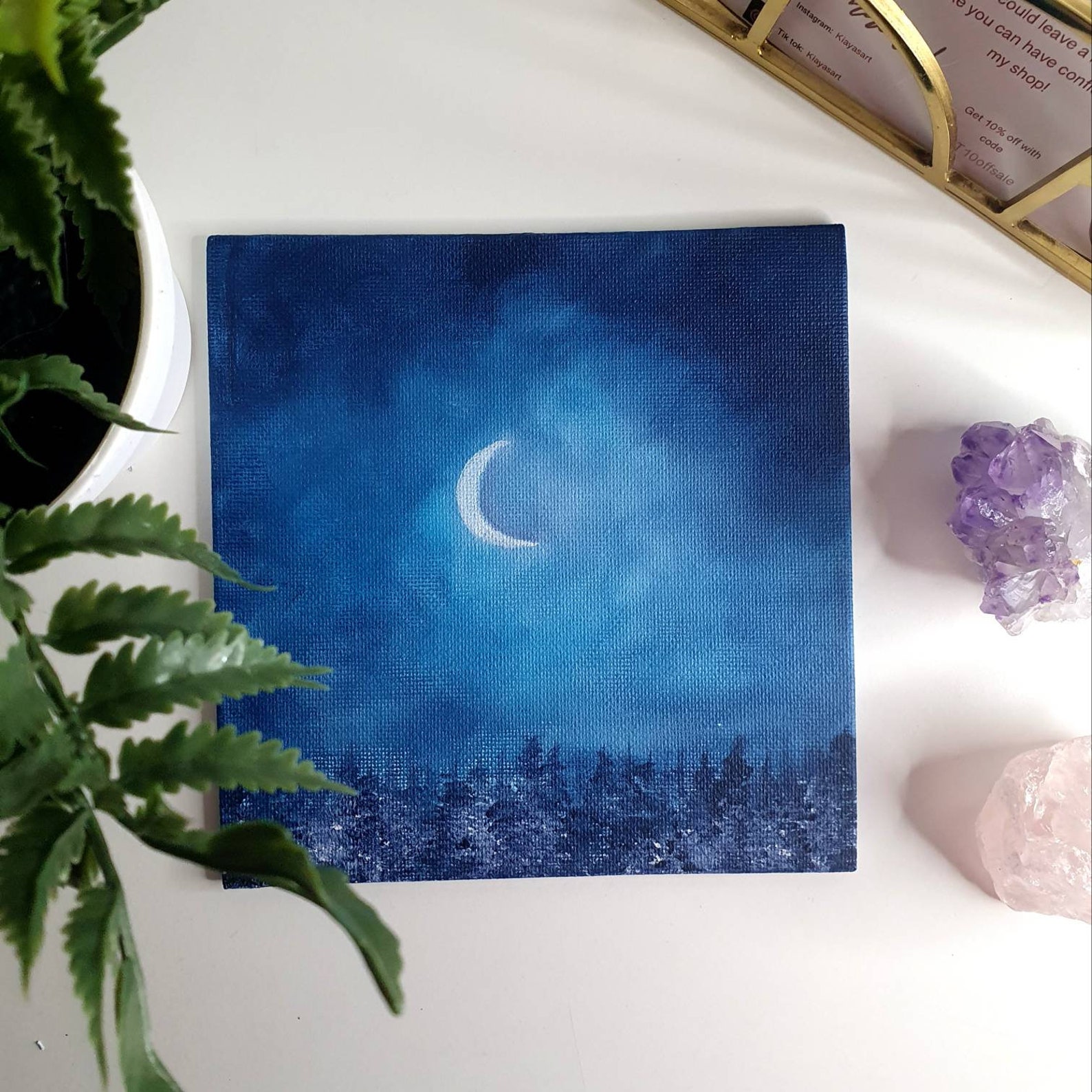 Moon light forest painting with crescent moon in acrylic on | Etsy