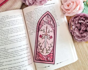 Pink rose and sword stained glass style transparant bookmark, bookish gifts, fantasy books