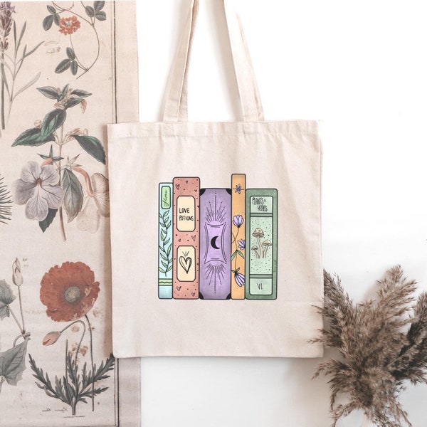 Book stack full colour cotton tote bag, bookish totes, reader gifts, book bag, fantasy books, book lover gifts, booktok merch