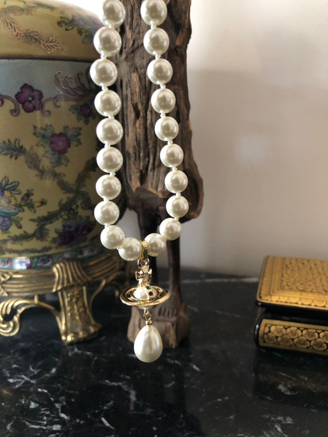 Vivienne Westwood Gold One Row Pearl Drop Choker Necklace Etsy Ireland