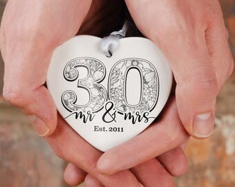 Mr and Mrs personalised anniversary gift for couples, ceramic heart ornament, Wedding Gift