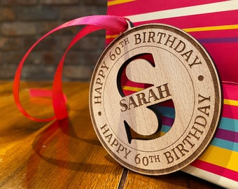 Happy birthday tag - wood. Monogram gift tag. 30th birthday gift for him. 21st birthday gift for her. 40th birthday decoration