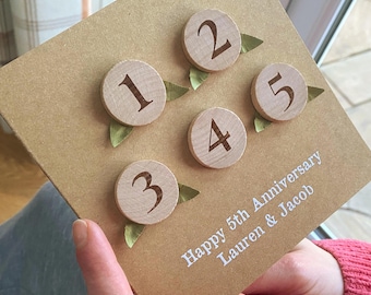 Personalized 5th Anniversary Card with Wooden Number Discs - Handcrafted Kraft Card - Romantic Gift for husband or wife