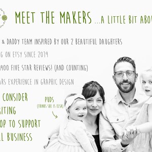 May include: A black and white photo of a family of four. The parents are smiling and holding their two daughters. The text "Meet the Makers...A Little Bit About Us" is at the top of the image. The text "Diddles (Loves to Read)" is in the top right corner of the image. The text "Puds (Thinks She is Elsa)" is in the bottom left corner of the image. The text "Please Consider Favouriting Our Shop to Support a Small Business" is at the bottom of the image.