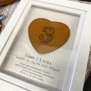 3rd anniversary gift. Leather anniversary. Framed & personalised 3rd anniversary gift for wife or husband. Vegan and Eco friendly products