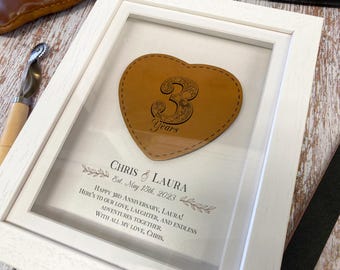 3rd anniversary gift. Leather anniversary. Framed & personalised 3rd anniversary gift for wife or husband. Vegan and Eco friendly products