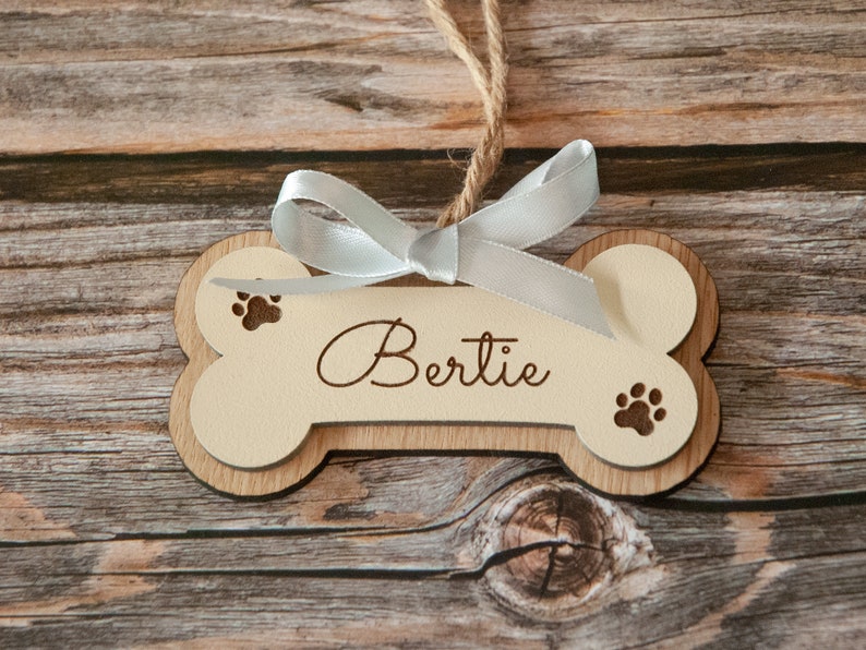 Wooden Dog bone ornament. Paw print ornament. Dog first Christmas. Boxer dog gifts. Personalized dog bone Silver Ribbon