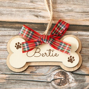 Wooden Dog bone ornament. Paw print ornament. Dog first Christmas. Boxer dog gifts. Personalized dog bone Christmas Tartan