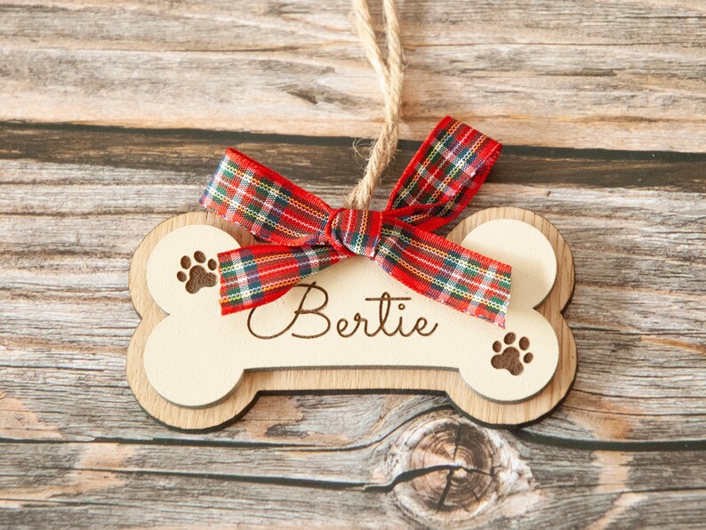 Wooden Dog bone ornament. Paw print ornament. Dog first Christmas. Boxer dog gifts. Personalized dog bone Christmas Tartan