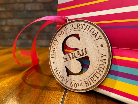 Happy birthday tag - wood. Monogram gift tag. 30th birthday gift for him. 21st birthday gift for her. 40th birthday decoration
