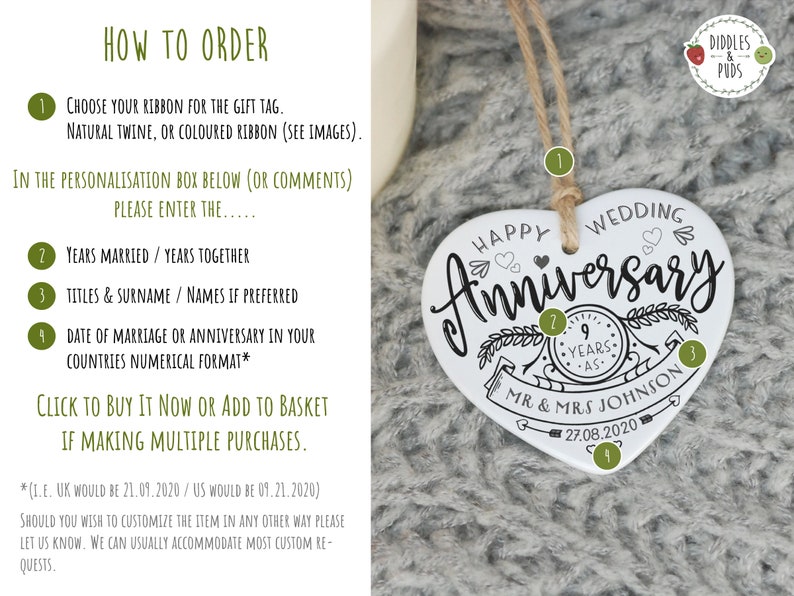 May include: White ceramic heart-shaped ornament with black text that reads "Happy Wedding Anniversary". The ornament features a wreath with the number "9" and the words "Years As" inside. Below the wreath, the text reads "Mr & Mrs Johnson" and "27.08.2020".