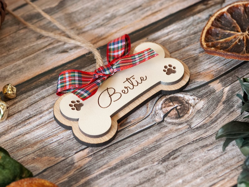 Wooden Dog bone ornament. Paw print ornament. Dog first Christmas. Boxer dog gifts. Personalized dog bone image 2