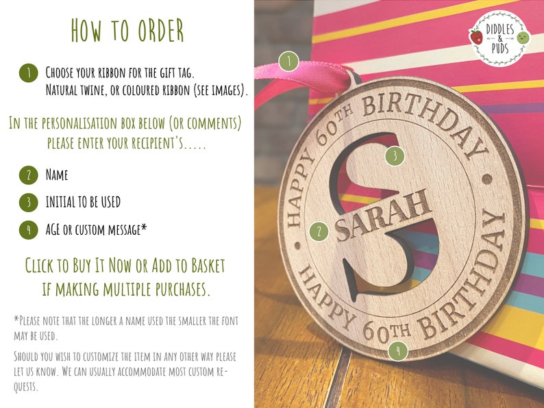 A round wooden ornament with the text "Happy 60th Birthday" and the letter "S" cut out. The name "Sarah" is written inside the letter "S".