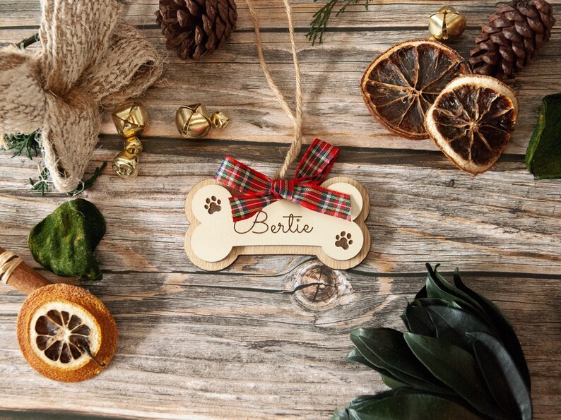 Wooden Dog bone ornament. Paw print ornament. Dog first Christmas. Boxer dog gifts. Personalized dog bone image 1