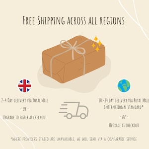 May include: A brown package with twine tied around it and a white background. The text "FREE SHIPPING ACROSS ALL REGIONS" is at the top of the image. The text "2-4 DAY DELIVERY VIA ROYAL MAIL -OR- UPGRADE TO FASTER AT CHECKOUT" is below the package. The text "10-14 DAY DELIVERY VIA ROYAL MAIL INTERNATIONAL STANDARD* -OR- UPGRADE AT CHECKOUT" is below the package. The text "*WHERE PROVIDERS STATED ARE UNAVAILABLE, WE WILL SEND VIA A COMPARABLE SERVICE" is at the bottom of the image.