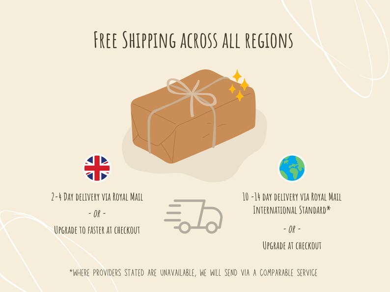 May include: A brown package with twine tied around it and a white background. The text "FREE SHIPPING ACROSS ALL REGIONS" is at the top of the image. The text "2-4 DAY DELIVERY VIA ROYAL MAIL -OR- UPGRADE TO FASTER AT CHECKOUT" is below the package. The text "10-14 DAY DELIVERY VIA ROYAL MAIL INTERNATIONAL STANDARD* -OR- UPGRADE AT CHECKOUT" is below the package. The text "*WHERE PROVIDERS STATED ARE UNAVAILABLE, WE WILL SEND VIA A COMPARABLE SERVICE" is at the bottom of the image.