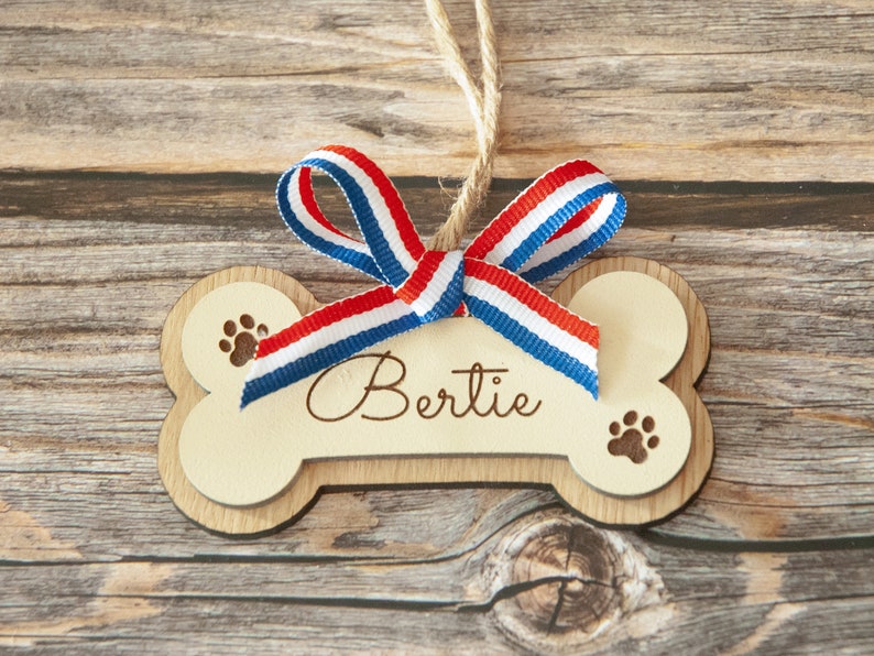 Wooden Dog bone ornament. Paw print ornament. Dog first Christmas. Boxer dog gifts. Personalized dog bone Tricolour