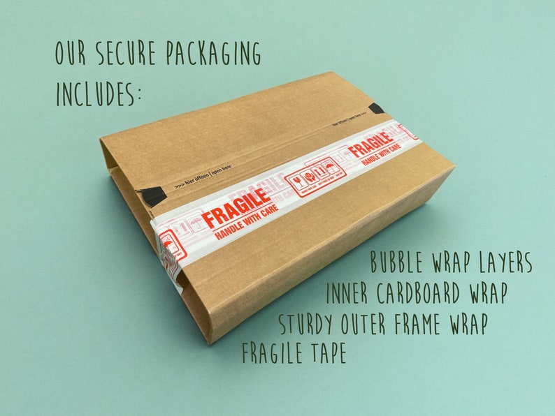 May include: A brown cardboard box with a white and red "FRAGILE" label and black tape. The box is on a light blue background. The text "OUR SECURE PACKAGING INCLUDES:" is above the box. The text "BUBBLE WRAP LAYERS", "INNER CARDBOARD WRAP", "STURDY OUTER FRAME WRAP", and "FRAGILE TAPE" is below the box.