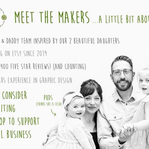 May include: A black and white photo of a family of four. The parents are smiling and holding their two daughters. The text "Meet the Makers...A Little Bit About Us" is at the top of the image. The text "Diddles (Loves to Read)" is in the top right corner of the image. The text "Puds (Thinks She is Elsa)" is in the bottom left corner of the image. The text "Please Consider Favouriting Our Shop to Support a Small Business" is at the bottom of the image.