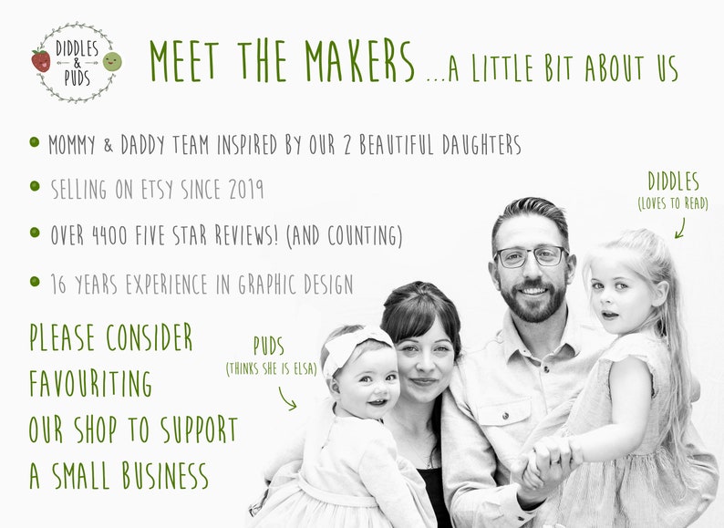 May include: A black and white photo of a family of four. The parents are smiling and holding their two daughters. The text "Meet the Makers...A Little Bit About Us" is at the top of the image. The text "Diddles (Loves to Read)" is in the top right corner of the image. The text "Puds (Thinks She is Elsa)" is in the bottom left corner of the image. The text "Please Consider Favouriting Our Shop to Support a Small Business" is at the bottom of the image.