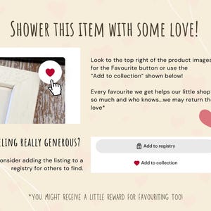 以下が含まれることがあります： 赤いハートのアイコンと「Shower this item with some love!」「Feeling really generous? Consider adding the listing to a registry for others to find.」というテキストが書かれた白い写真フレーム。 「Add to registry」と「Add to collection」のテキストも表示されています。