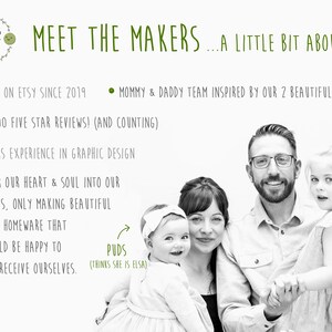 A black and white photograph of a family of four. The parents are smiling and holding their two daughters. The text "Meet the Makers...A Little Bit About Us" is at the top of the image. The text "Diddles (Loves to Read)" is next to the older daughter and the text "Puds (Thinks She is Elsa)" is next to the younger daughter.