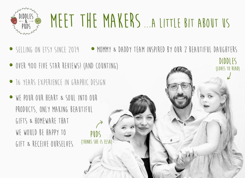 A black and white photograph of a family of four. The parents are smiling and holding their two daughters. The text "Meet the Makers...A Little Bit About Us" is at the top of the image. The text "Diddles (Loves to Read)" is next to the older daughter and the text "Puds (Thinks She is Elsa)" is next to the younger daughter.