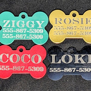 Laser Engraved Aluminum Bone Shape Name Tag; Colorful Double Sided Dog Cat Phone Number Tag Pendant