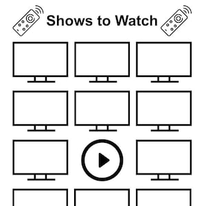 Op de afbeelding: Een zwart-wit afbeelding met de tekst "Shows to Watch" en een afstandsbedieningspictogram. De afbeelding bevat 12 lege televisieschermen, een afspeelknop-pictogram en een afstandsbedieningspictogram.
