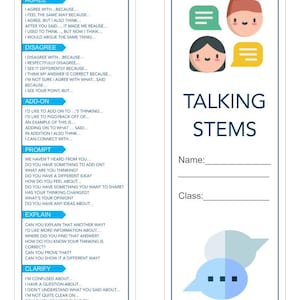 May include: A two-sided educational bookmark titled Accountable Talk and Talking Stems. The left side lists conversation prompts categorised by Agree, Disagree, Add-on, Prompt, Explain, and Clarify. The right side features cartoon faces and speech bubbles with lines for Name and Class.