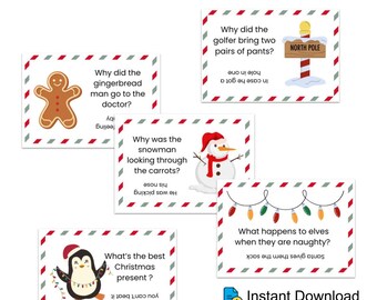 May include: A collection of printable Christmas jokes on rectangular cards. Each card features a festive illustration, such as a gingerbread man, snowman, penguin, and Christmas lights, along with a joke. The cards have a red and white border.