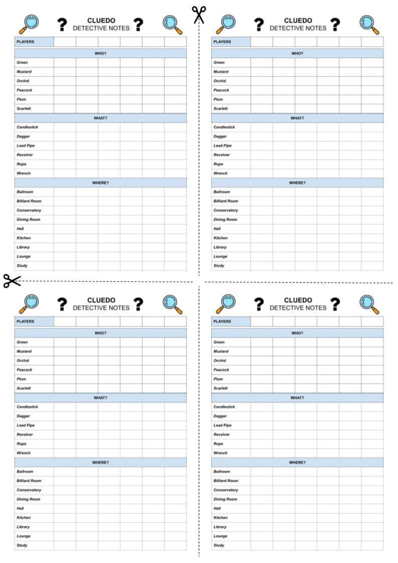 CLUEDO Detective Notes | Replacement Cluedo Sheets | Cluedo Score Sheet ...