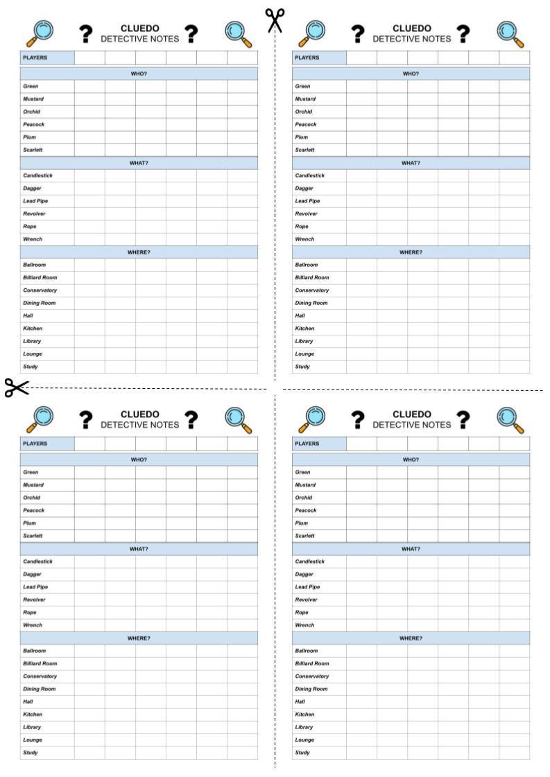 Script Cluedo CLUEDO Detective Notes | Replacement Cluedo Sheets | Cluedo Score Sheet ...