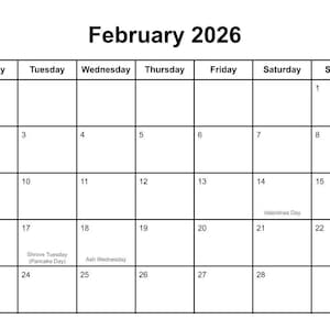Calendrier de février 2026 - Agenda familial imprimable (début du lundi au dimanche) (téléchargement numérique)
