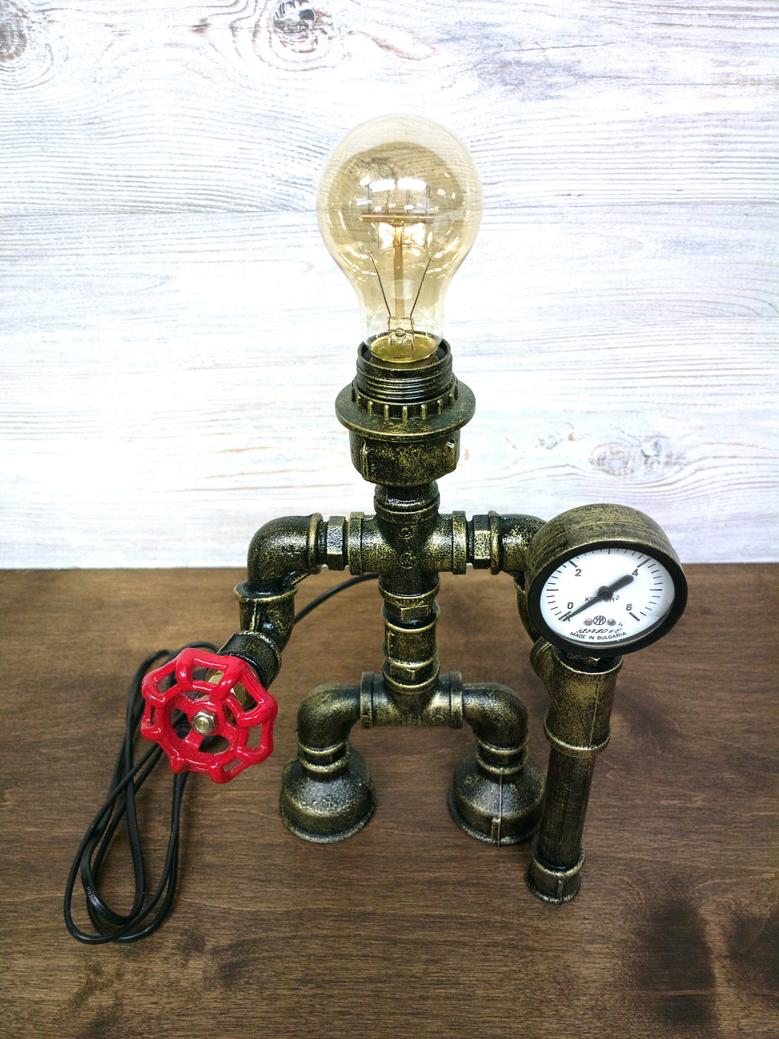 Steampunk robot table lamp with pressure gauge / industrial Etsy
