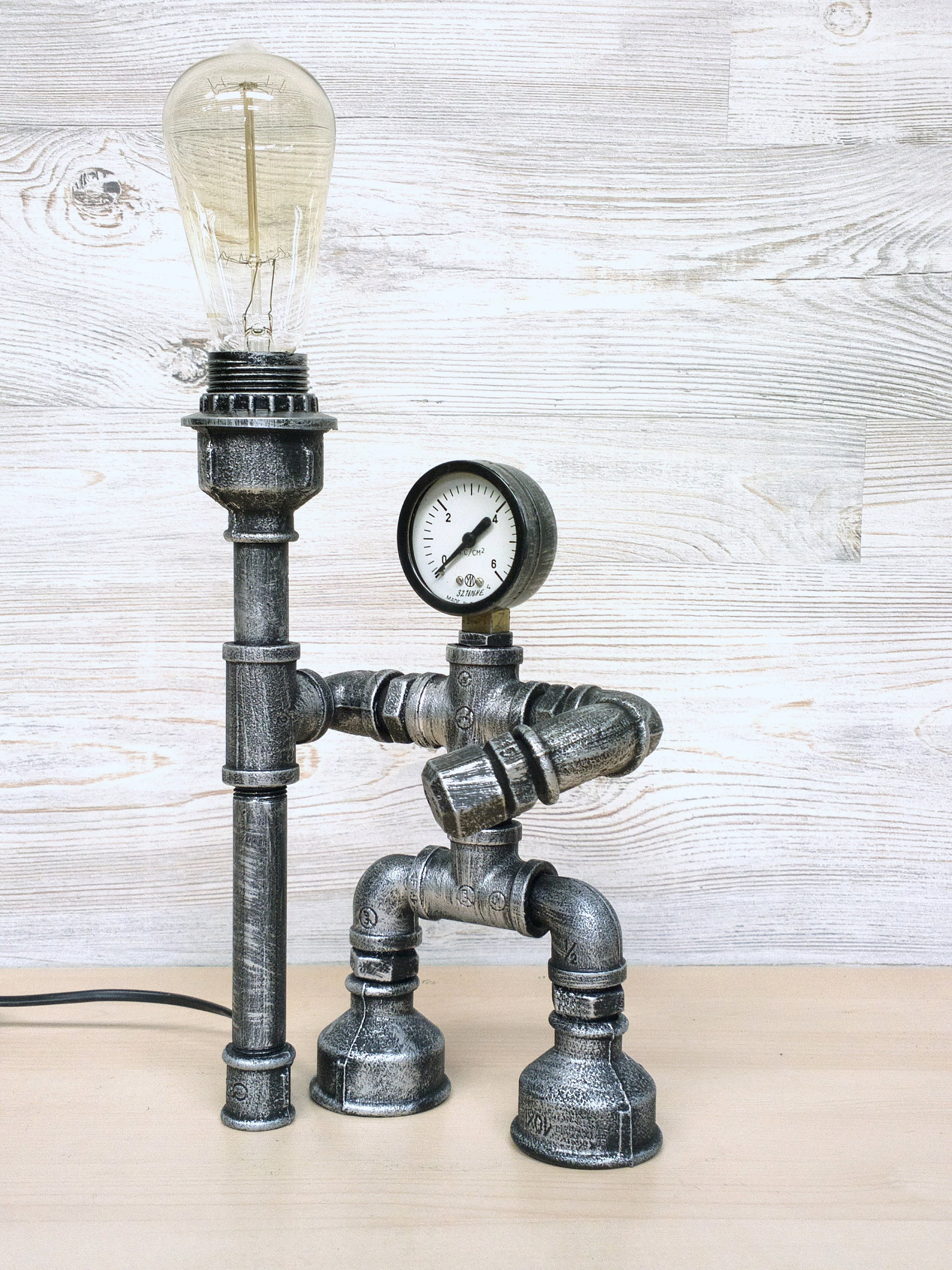 Steampunk robot table lamp with manometer / industrial pipe Etsy