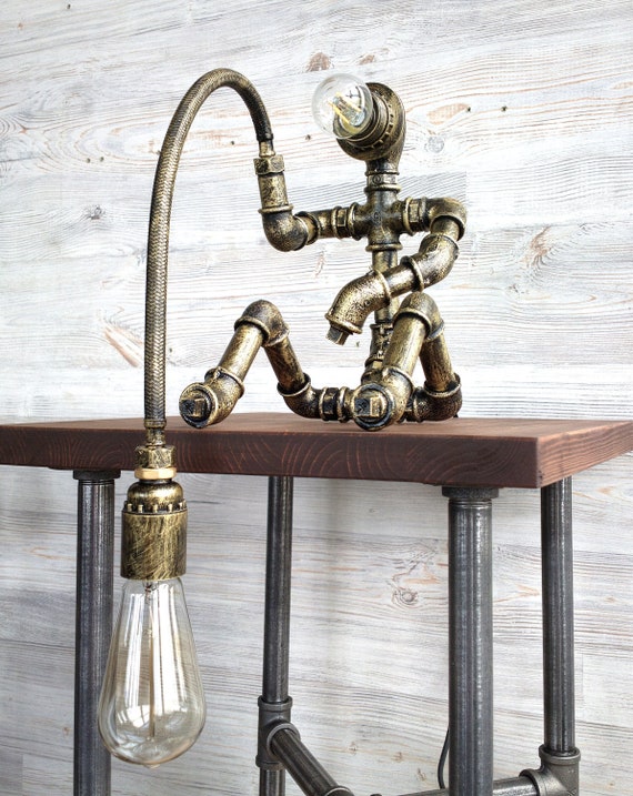 Fisherman Table Lamp Fishing Robot Pipe Industrial Man Desk Steampunk