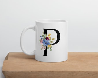 Letter P Monogram with Colorful Floral Design - White Mug 11 oz