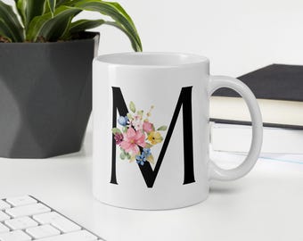Mug 11 oz Letter M Monogram with Colorful Floral Design Gift or Personal Use