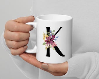 Monogram Mug: Letter K, Colorful Floral Design, 11 oz Ceramic