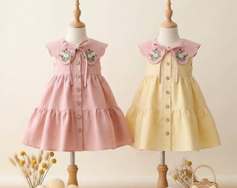 Personalized Linen Birthday Dress: Embroidered Goose, Ruffle Sleeves, Handmade Toddler Outfit