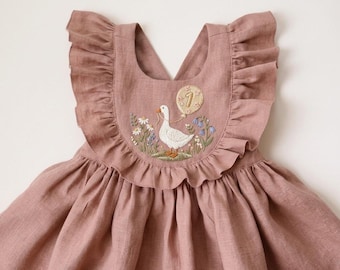 Silly Goose Birthday with Sleeveless Dress for Girls, Custom 1st Birthday Soft Linen Dress, Embroidered Toddler Linen Dress