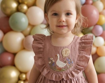 Embroidered Goose Linen Dress, Girls 1st Birthday Outfit, Custom Toddler Summer Dress