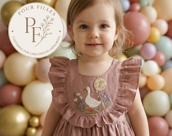 Bestickte Gans Leinenkleid, Mädchen 1. Geburtstag Outfit, Sommerkleid für Kleinkinder, Besticktes Kleid