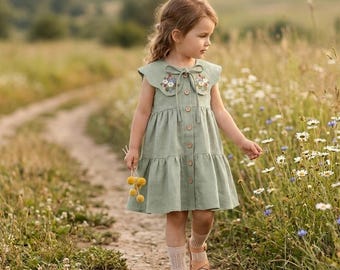 Personalized Linen Birthday Dress sage green for 3-Year-Old Girl: Embroidered Goose, Ruffle Sleeves, Handmade Toddler Outfit