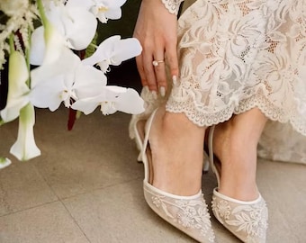 White Vintage Women's Wedding Mary Jane Shoes Embroidered on Lace, Custom shoes