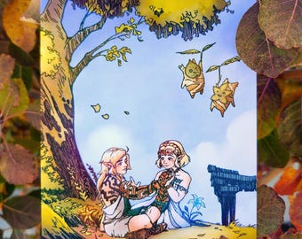May include: A colorful illustration depicts two figures seated under a tree, with two small creatures floating above. The artwork features a blue sky, a yellow tree, and a grassy area. The figures are in fantasy attire, with detailed linework and soft coloring.