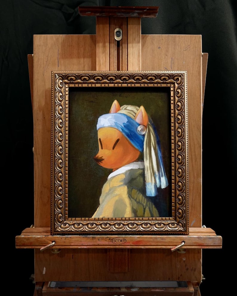 8x10 parody art print of Redd from the Animal Crossing series wearing a scarf and pearl earring in the style of the famous painting "Girl with a Pearl Earring" by Johannes Vermeer, known as the "wistful painting" in the games.