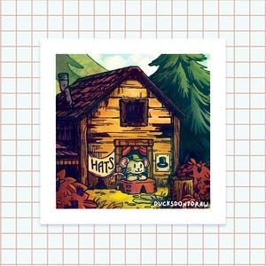 May include: A cartoon illustration of a small mouse wearing a green hat sitting in front of a wooden cabin with a sign that says "Hats". The cabin is surrounded by green trees and bushes.